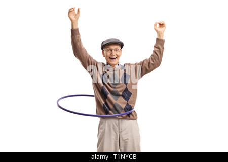 Ältere Menschen die Hände mit einem Hula-Hoop-Reifen auf weißem Hintergrund Stockfoto