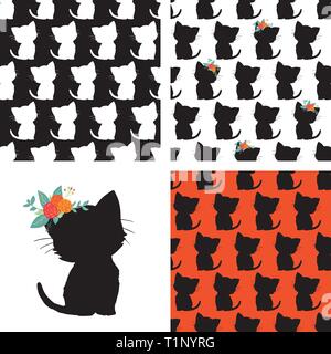 Set aus nahtlosem Katzenmuster und Kitty Silhouette schwarz weiß rot. Wiederholender Vektor Tierhintergrund. Kätzchen mit Blüten auf dem Kopf isoliert. Für Kinder Stock Vektor