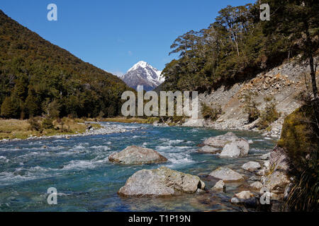 Mount Travers in den Himmel. Wandern in Neuseeland neben dem Travers River im Nelson Lakes National Park. Stockfoto