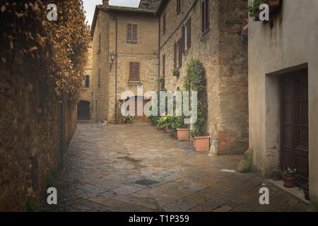 Blumige Straßen an einem regnerischen Frühlingstag in einem kleinen magischen Dorf Pienza, Toskana. Stockfoto