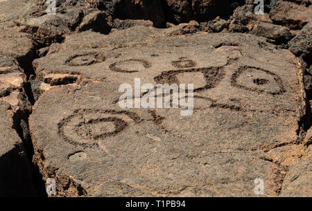 Felszeichnungen in Waikoloa Feld, auf der King's Trail ('Mamalahoa'), in der Nähe von Kona auf der grossen Insel von Hawaii. In vulkanischem Gestein, das früheste von Th geschnitzt Stockfoto