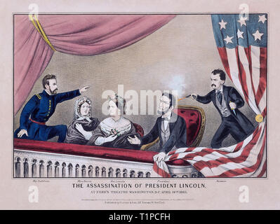 Attentat auf Präsident Abraham Lincoln, 1865, handkolorierte Lithographie, privaten Sammlung. Von links nach rechts, Henry Rathbone, Clara Harris, Mary Todd Lincoln, Abraham Lincoln und John Wilkes Booth. Stockfoto