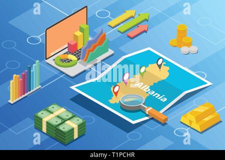 Albanien isometrische Wirtschaft Wachstum Land mit Karte und Finanzen Zustand-Vektor Stock Vektor