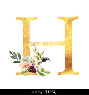 Romantische gold A mit einem gezogenen Aquarell Blumen. Elegante Emblem für Buchgestaltung, Markenname, Einladung Hochzeit dank Karte. Stockfoto