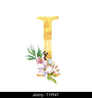 Romantische gold A mit einem gezogenen Aquarell Blumen. Elegante Emblem für Buchgestaltung, Markenname, Einladung Hochzeit dank Karte. Stockfoto