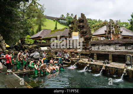 Bali, Indonesien - Januar 22, 2019: Die Menschen in den heiligen Quellwasser von Pura Tirta Empul Tempel in Tampa, Bali, Indonesien zu beten. Stockfoto