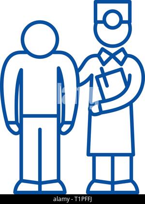 Die Untersuchung des Patienten durch den Arzt Symbol Leitung Konzept. Die Untersuchung des Patienten durch den Arzt flachbild Vektor Symbol, Zeichen, umriss Abbildung. Stock Vektor