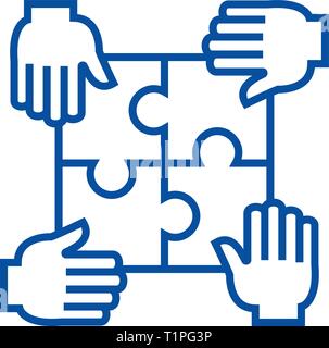 Puzzle mit vier Händen, Partnerschaft Symbol Leitung Konzept. Puzzle mit vier Händen, Partnerschaft flachbild Vektor Symbol, Zeichen, umriss Abbildung. Stock Vektor