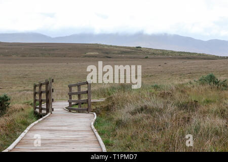 Niedrige Wolken über die Berge Nephin Beg Irland von einem Holzsteg über eine Torf gesehen in Ballycroy Nationalpark Moor. Stockfoto