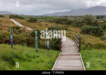 Drei mult - farbige Insektenhotels oder Fehler die Kontrollkästchen neben einen Holzsteg auf bogland an Ballycroy National Park. Stockfoto