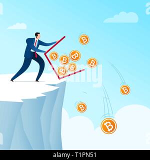Geschäftsmann wegwerfen bitcoin Währung zu speichern. Geschäftskonzept Vector Illustration. Stock Vektor