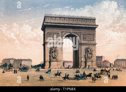 Paris. Arc de Triomphe de l'Etoile - Drucken zeigt eine Straße Blick auf den Arc de Triomphe de l'Etoilewith Reiter, Fußgänger, und Pferdekutschen vorbei auf der Plaza. Ca. 1855 Stockfoto