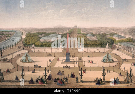 Paris. Place de la Concorde - Drucken zeigt ein Blick aus der Vogelperspektive auf Obelisken auf der Place de la Concorde, mit Fußgängern auf dem Platz, Brunnen, der Seine, und anderen Gebäuden. Um 1870 Stockfoto