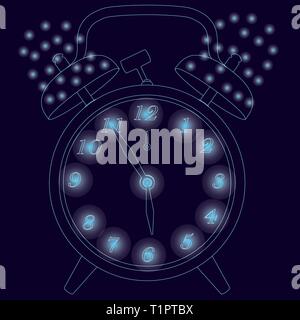 Kontur der alte Uhr mit Wecker. Kontur der Uhr der blaue Linien auf einem dunklen Hintergrund mit glühenden Lichter. Vector Illustration Stock Vektor
