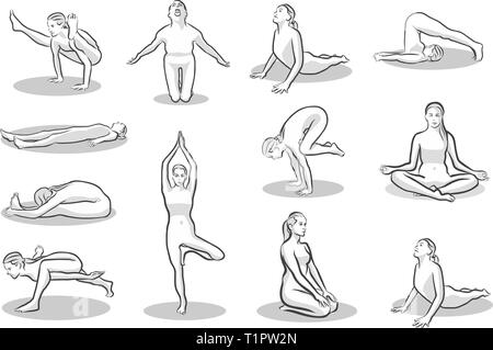 Set von 12 Yoga Posen. Handgezeichnete vektor Skizzen getrennt auf Weiß. Stock Vektor