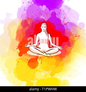 Sitzung yoga Pose auf farbigen Hintergrund, handgezeichneten Vector Illustration. Stock Vektor