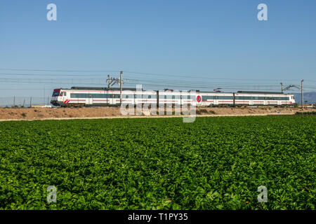 Cercanias - ein Zug durch eine landwirtschaftliche Landschaft mit einem Kartoffelfeld, Valencia Spanien Pendlerzug Stockfoto