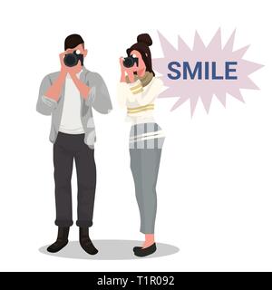 Einige Fotografen, die Fotos mit der Kamera Frau Mann stehen und schiessen professionelle Beruf männlich weiblich Zeichentrickfiguren in voller Länge flach Stock Vektor