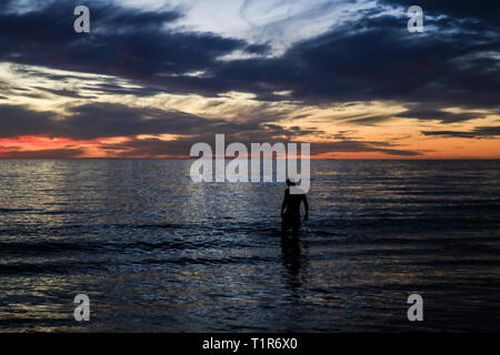 Adelaide, Australien. 28. März, 2019. Ein Schwimmer Silhouette bei einem schönen Sonnenuntergang am Strand Grange Adelaide Credit: Amer ghazzal/Alamy leben Nachrichten Stockfoto