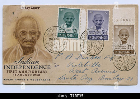 Briefmarken von BAPU Mahatmagandhi-Indian Unabhängigkeit ersten Jahrestag, 15. August 1948 Stockfoto