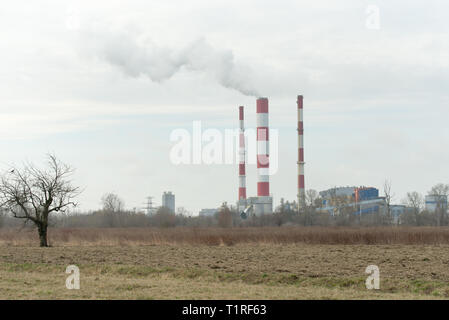 Blockheizkraftwerk Schornsteine Siekierki in Polen Stockfoto