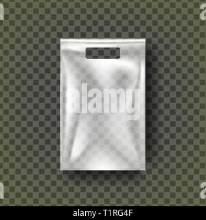 Kunststoff hängen Tasche Vektor. Transparente Tasche wickeln. Leere Tüten Produkt Polyethylen Mock Up Vorlage. Nylon Doy Pack Branding Design Paket Stock Vektor