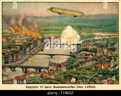 Deutschland, Berlin, WW I, farbige Zeichnung mit dem Titel 'Zeppelin VI beim Bombenwerfen über Lüttich" (Bombardierung von Lüttich durch ein Zeppelin), Bild aus dem leporello: "Einheit macht stark - der Krieg von 1914", Ausgabe Nr. 1, Künstler unbekannt, Verlag unbekannt, Datum unbekannt. , Additional-Rights - Clearance-Info - Not-Available Stockfoto