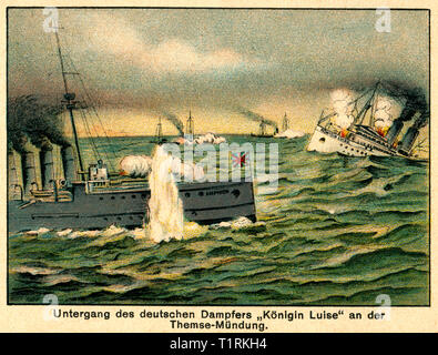 Deutschland, Berlin, WW I, farbige Zeichnung mit dem Titel "Untergang des deutschen Dampfers Königin Luise an der Themse-Mündung' (Untergang der deutschen Dampfer Königin Luise in der Nähe der Mündung der Themse), Bild aus dem leporello "Einheit macht stark - der Krieg von 1914", Ausgabe Nr. 1, Künstler unbekannt, Verlag unbekannt, Datum unbekannt. , Additional-Rights - Clearance-Info - Not-Available Stockfoto