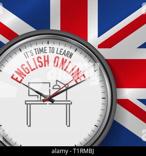 Es ist an der Zeit, Englisch Online Lernen. Weiß Vektor Uhr mit Motivations Slogan. Analog Metall mit Glas. Schreibtisch Symbol Stock Vektor