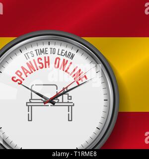 Es ist an der Zeit, Spanisch Online lernen. Weiß Vektor Uhr mit Motivations Slogan. Analog Metall mit Glas. Schreibtisch Symbol Stock Vektor