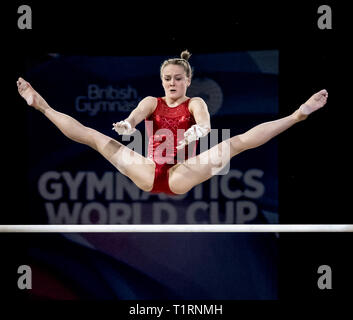 22.03.2019. Resorts World Arena, Birmingham, England. Die Gymnastik Wm 2019 Riley McCusker (USA) Während der Frauen Training. Stockfoto