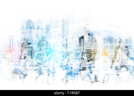 Menschen in der Stadt Konzept - abstract Skyline der Stadt und den Menschen zu Fuß auf der Straße Double Exposure Stockfoto