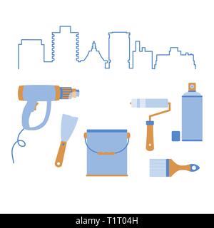 Vector Illustration mit Stadtbild und die Werkzeuge für die Vorbereitung, die Färbung der Oberflächen. Gebäude, den Bau und die Reparatur Tools. Malerei und rep Stock Vektor