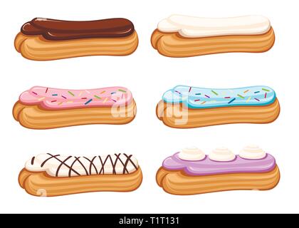 Süß und lecker Sahne eclair Dessert. Brandteig mit Sahne gefüllt. Flache Vector Illustration auf weißem Hintergrund. Dessert. Stock Vektor