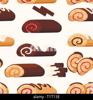 Nahtlose Muster. Süßes Brötchen Kuchen. Schokolade Swiss Rollen. Sammlung von Kuchen. Flache Vector Illustration auf weißem Hintergrund. Stock Vektor