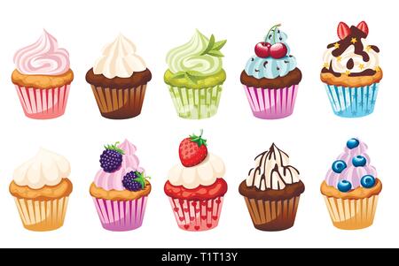 Sammlung von Cupcakes mit unterschiedlichen Zutaten. Satz von süßen Kuchen. Bunte Dessert. Flache Vector Illustration auf weißem Hintergrund. Stock Vektor