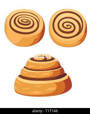 Brötchen mit Zimt. Frisch gebackene süsse Kuchen. Gebackenes Gebäck. Flache Vector Illustration auf weißem Hintergrund. Stock Vektor
