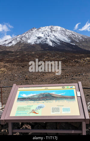 Informationen Panel, unterzeichnen die Erklärung der Eruption Geschichte vor dem schneebedeckten Pico Viejo, alten Gipfel des Teide in der Las Canadas del Teide Nation Stockfoto