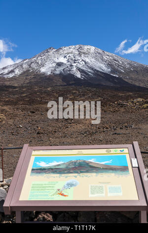 Informationen Panel, unterzeichnen die Erklärung der Eruption Geschichte vor dem schneebedeckten Pico Viejo, alten Gipfel des Teide in der Las Canadas del Teide Nation Stockfoto