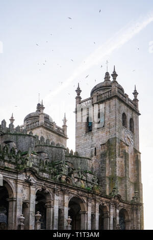 Froschperspektive auf den Turm der Kathedrale von Porto an einem hellen Tag, mit Vögel fliegen in den Himmel. Stockfoto