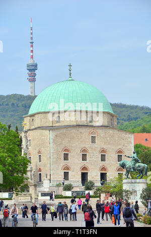 Downtown Pfarrkirche, ehemaliger Gazi Kaszim türkischen Pascha Moschee, Pecs, Ungarn. Belvarosi plebaniatemplom Gazi Kaszim Pasa dzsamija, Pecs. Stockfoto