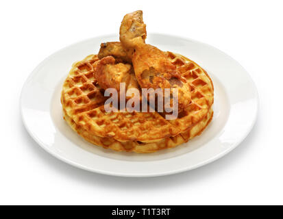 Fried Chicken und Waffeln mit Ahornsirup, American Food Stockfoto