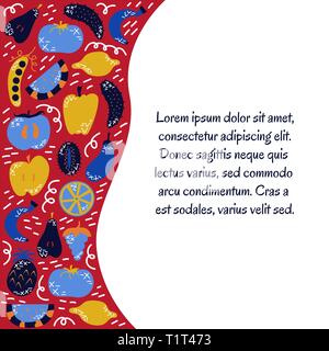 Flache Obst und Gemüse im Cartoon Stil mit doodles. Vegetarisch, vegan. Vector Illustration. Für Text platzieren. Stock Vektor