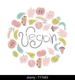 Flache Obst und Gemüse im Cartoon Stil mit doodles. Vegetarisch, vegan. Vector Illustration. Stock Vektor