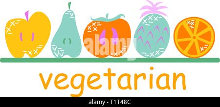 Flache Früchte im Comic-stil mit doodles. Vegetarisch, vegan. Vector Illustration. Stock Vektor
