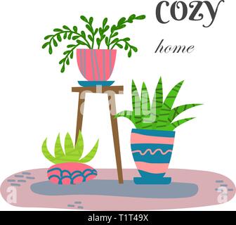 Flache cartoon Interieur. Wohnzimmer mit Zimmerpflanzen. Hygge. Isolierte Vector Illustration. Stock Vektor