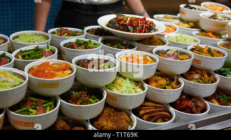 Verschiedene chinesische Gerichte. Chinesische Nudeln, Reis, Knödel, Pekingente, Dim Sum, Frühlingsrollen. Berühmte chinesische Gerichte auf den Tisch. Top Stockfoto