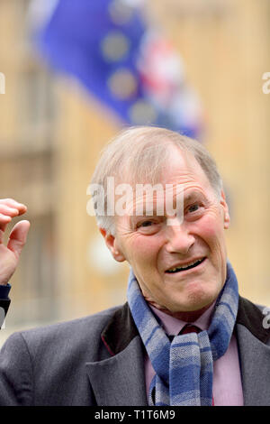 Sir David Amess MP (Con: Southend West) Interview über Brexit auf College Green, Westminster, 27. März 2019 Stockfoto