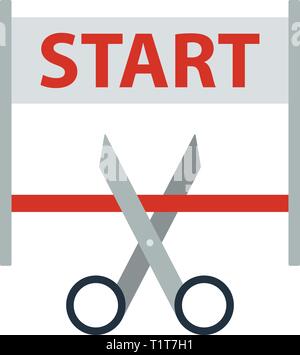 Schere schneiden Band zwischen Start Tor Symbol. Flache Farbgestaltung. Start der Serie. Vector Illustration. Stock Vektor