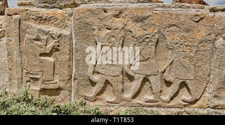 Fotos & Bilder hethitischen Reliefs gemeißelt orthostat Panels der Sphinx Tor. Panel zeigt eine Prozession Opfergaben zu einem Löwen Gott. Alaca Hoyuk Stockfoto